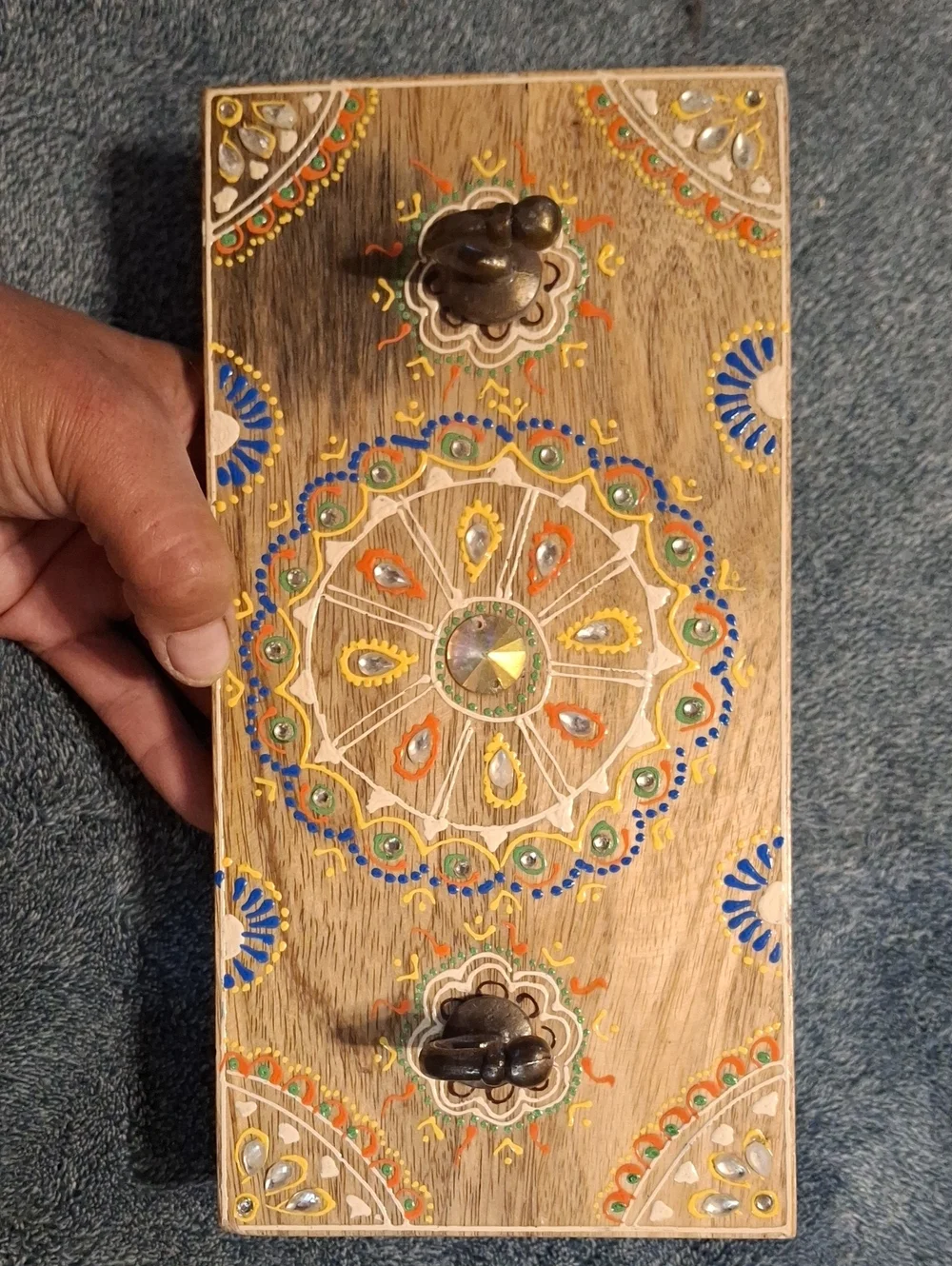 Hand-Painted Wooden Wall Hook Rack in Brown with Colorful Mandala